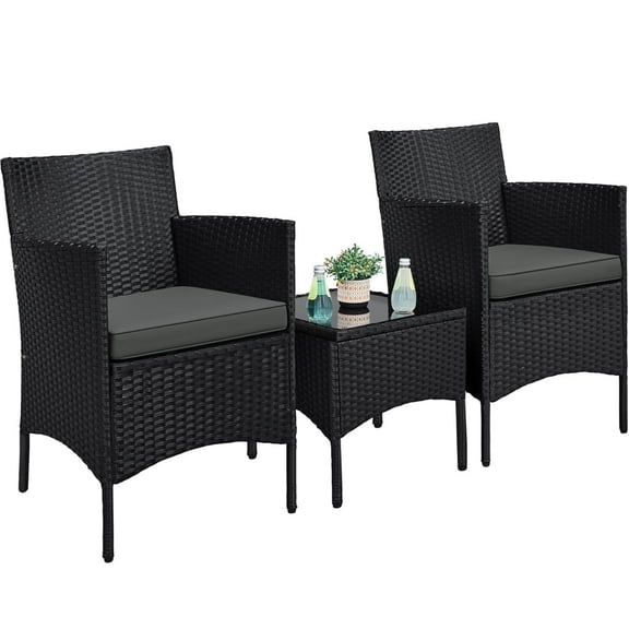 Yaheetech 3-Piece Patio Wicker Coffee Table and Chairs Set for Garden Deck, Black/Gray