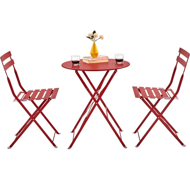 Yaheetech 3 Pieces Folding Patio Bistro Set Weather - Resistant Metal Outdoor Furniture Set including Table and Chairs for Garden Backyard, Red