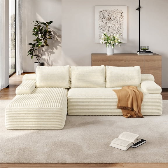 Yaheetech 110" 3-Seat L-Shaped Sofa Modular Sectional Sofa Corduroy Cloud Couch with 2 Armrests and Detachable Pillows for Living Room, Beige