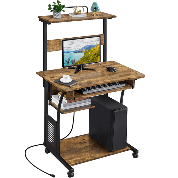 Yaheetech 3 Tiers Computer Desk with Charging Station for Home Office,Rustic Brown