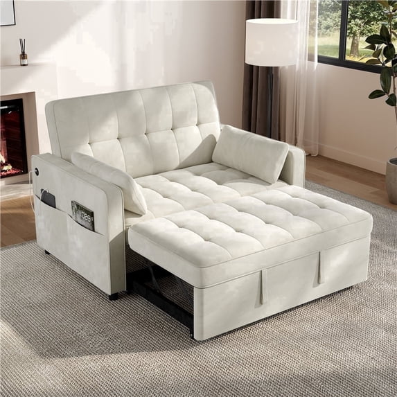 Yaheetech 3-in-1 Pull-Out Couch Convertible Sleeper Sofa Bed Velvet Loveseat Couch with Adjustable Backrest, USB Ports, Side Pockets and Pillows for Living Room Bedroom, Beige