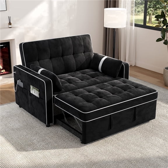 Yaheetech 3-in-1 Pull Out Couch Convertible Sleeper Sofa Bed Velvet Loveseat Couch with Adjustable Backrest, USB Ports, Side Pockets and Pillows for Living Room, Black