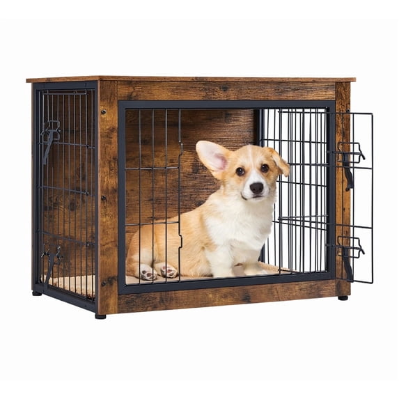 Yaheetech 31.7" W Multi-Functional Wooden Dog Crate with Mat, Rustic Brown