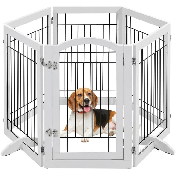Yaheetech 32.5" H 6-Panel Pet Gate with Door for Dogs, White