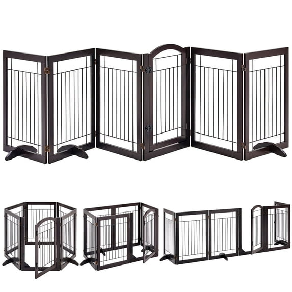Yaheetech 32.5" H 6-Panel Pet Gate with Wood and Wire, Espresso