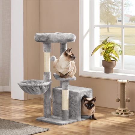 Yaheetech 34" Height Plush Cover Cat Tree with Condo and Sisal Ropes Posts, Light Gray
