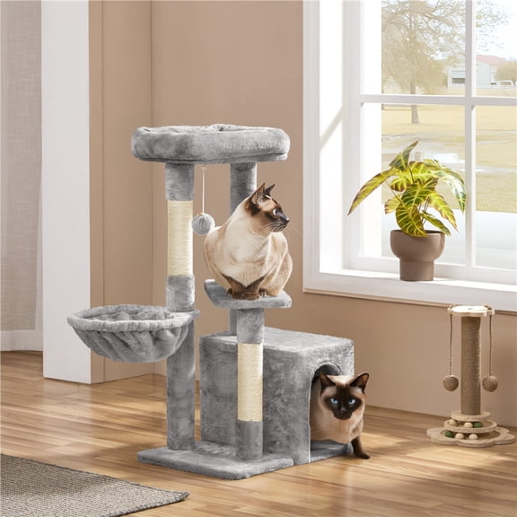 Yaheetech 34" Height Plush Cover Cat Tree with Condo and Sisal Ropes Posts, Light Gray