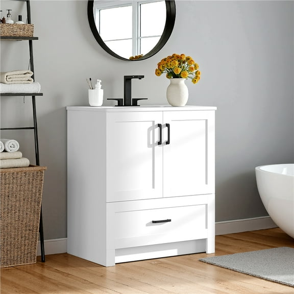 Yaheetech 34" Tall Modern Freestanding Bathroom Vanity with Ceramic Basin, White
