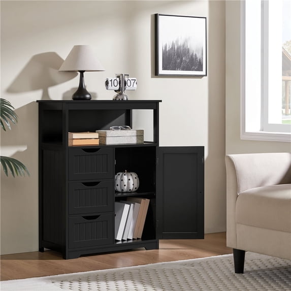 Yaheetech 35.5" Height Bathroom Floor Cabinet with 1 Door and 3 Drawers, Black