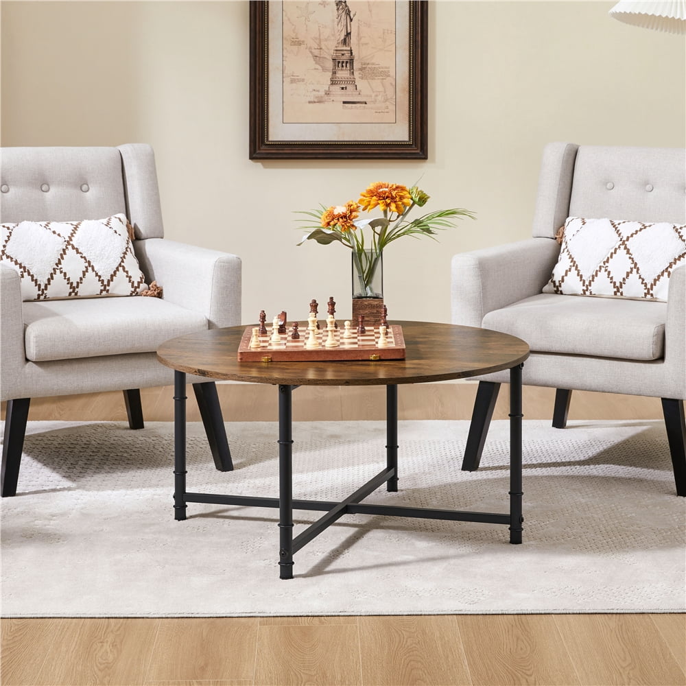 Yaheetech 35.5" Rustic Round Coffee Table with X-Shaped Metal Base ...