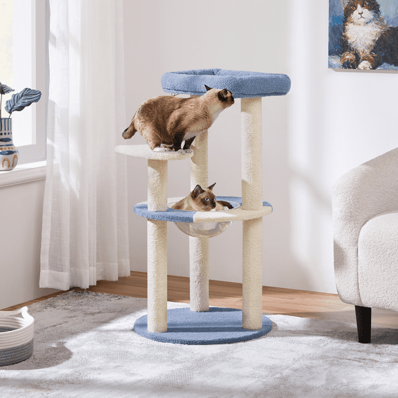 Yaheetech 35.5″ Tall Ocean Cat Tree Tower, Cat House with Detachable Clear Bowl & Scratching Posts, Blue/Beige