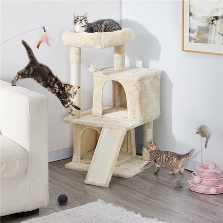 Yaheetech 36'' Cat Tree Multilevel Cat Tower with Double Condos Perches Scratching Posts, Beige