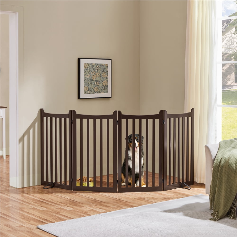 Yaheetech 36"H 4-Panel Wooden Foldable Pet Fence with Two Support Feet, Espresso