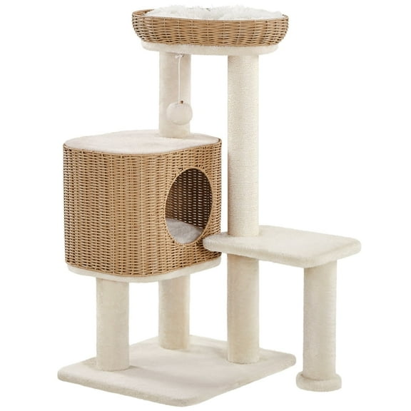 Yaheetech 35.8" Tall Rattan Cat Tree with Woven Condo and Nest, Beige