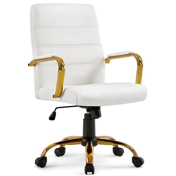 Yaheetech 360 Swivel PU Leather Office Chair with Gold Frame, White