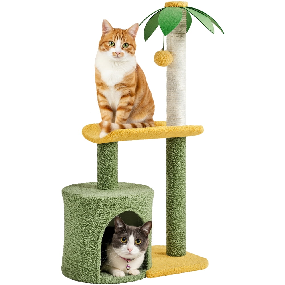 Yaheetech 37.1" Tall Coconut Palm Cat Tree with Large Condo and Scratching Post, Green/Yellow