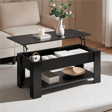 Yaheetech 39in Lift Top Coffee Table with Hidden Compartment and Open Shelf, Black