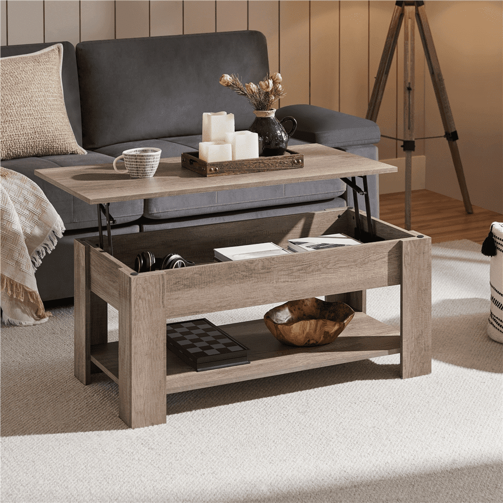 Yaheetech 39in Lift Top Coffee Table with Hidden Compartment and Open Shelf, Gray