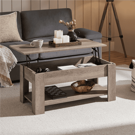 Yaheetech 39in Lift Top Coffee Table with Hidden Compartment and Open Shelf, Gray