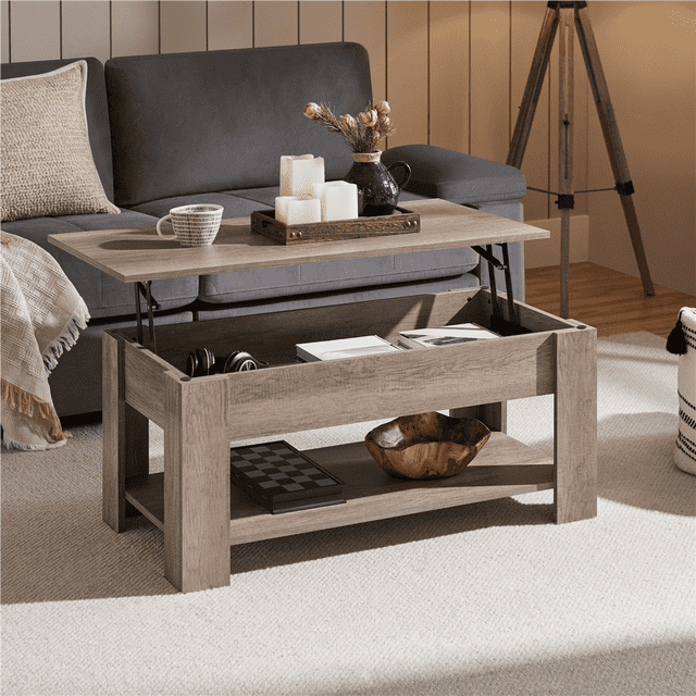 Yaheetech 39in Lift Top Coffee Table with Hidden Compartment and Open Shelf, Gray