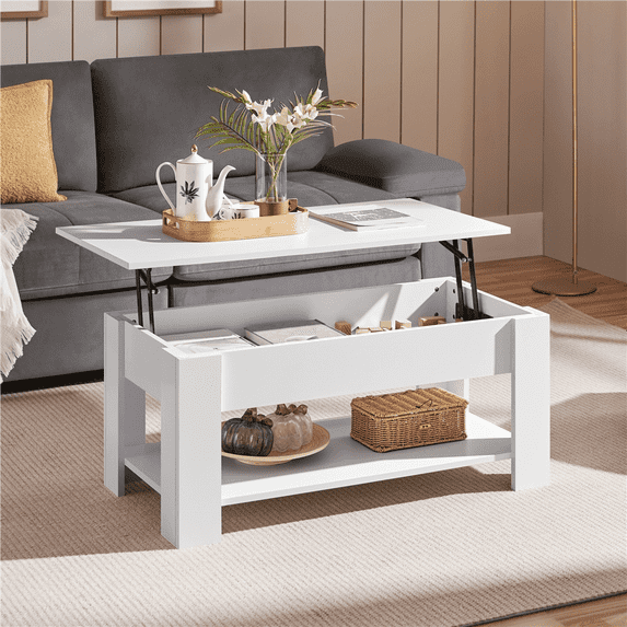 Yaheetech 39in Lift Top Coffee Table with Hidden Compartment and Open Shelf, White