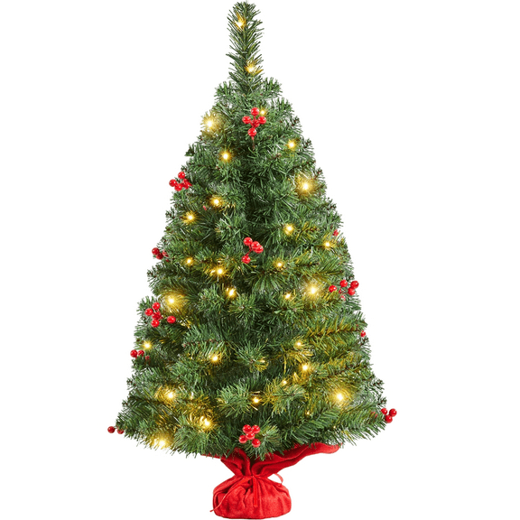 Yaheetech 3ft Tabletop Christmas Tree with 50 LED Lights & Stable Cement Base, Green