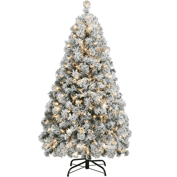 Yaheetech 4.5Ft Pre-lit Flocked Artificial Christmas Tree with Foldable Stand and Warm Lights, Green
