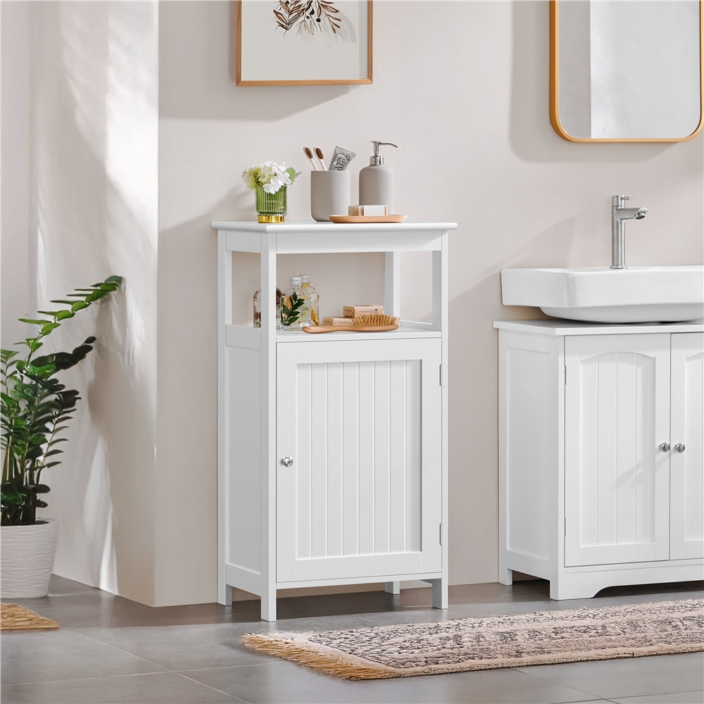 Yaheetech 4-Tier Bathroom Floor Cabinet with Single Door & Adjustable Shelf, White