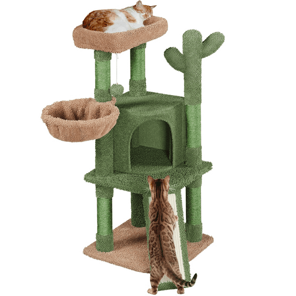 Yaheetech 42'' H Cactus Cat Tree with Natural Sisal,Platform, Condo,Green/Brown