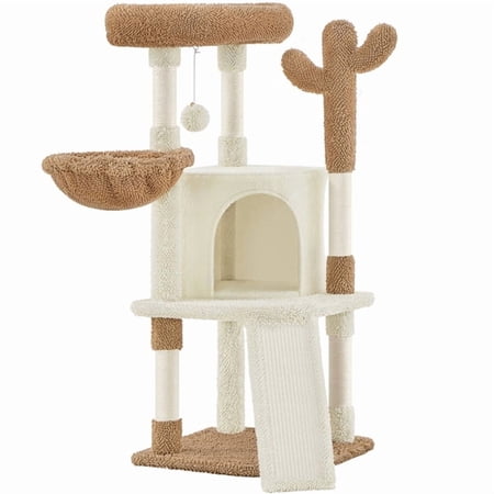 Yaheetech 42" Height Cactus Cat Tree with Scratching Posts and Basket, Beige/Brown