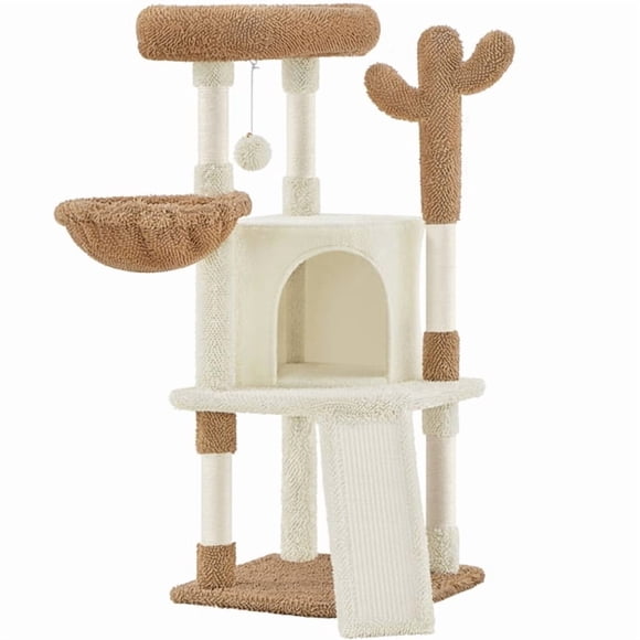 Yaheetech 42" Height Cactus Cat Tree with Scratching Posts and Basket, Beige/Brown