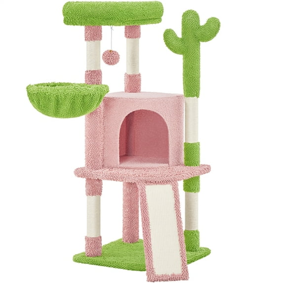 Yaheetech 42" Height Cactus Cat Tree with Scratching Posts and Basket, Pink/Green