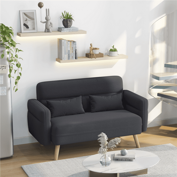 Yaheetech 46'' W Modern 2 Seater Sofa Couch with Solid Wood Legs, Dark Gray