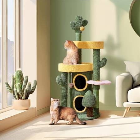 Yaheetech 48.5? H Oasis-themed Cat Tower with Condos, Perches & Scratching Posts, Green/Yellow