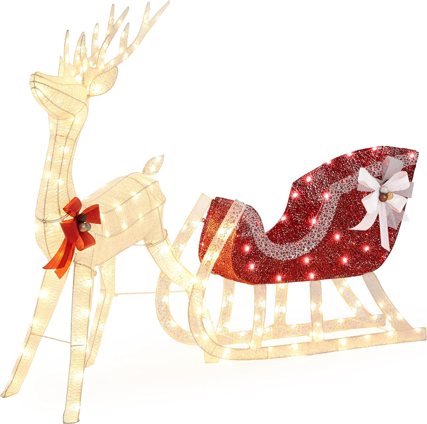 Yaheetech 4ft Lighted Christmas Reindeer & Sleigh Set, Lightup Xmas Santa Sleigh Outdoor Décor