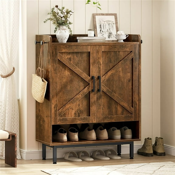 Yaheetech 5 Tier Country Style Shoe Cabinet with Barn Inspired Doors, Rustic Brown