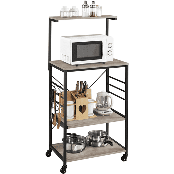 Yaheetech Kitchen Baker's Rack on Wheels Microwave Stand Cart with Side Hooks, Gray