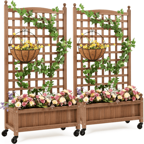 Yaheetech 50''H Raised Garden Bed with Trellis Planter Box, Set of 2,Dark Brown