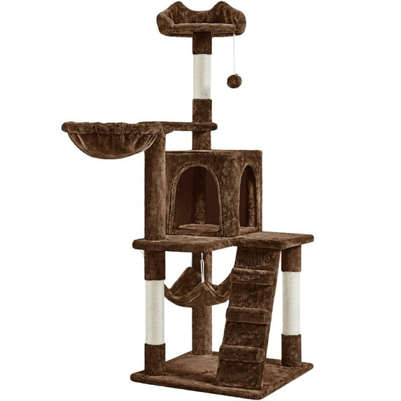 Yaheetech 53.6'' H Multilevel Cat Tree with Ladder, Condo, and Basket, Brown