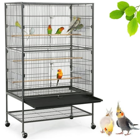 Yaheetech 52"H Metal Rolling Bird Cage with 3 Perches & 4 Feeders & Extra Storage Shelf, Black
