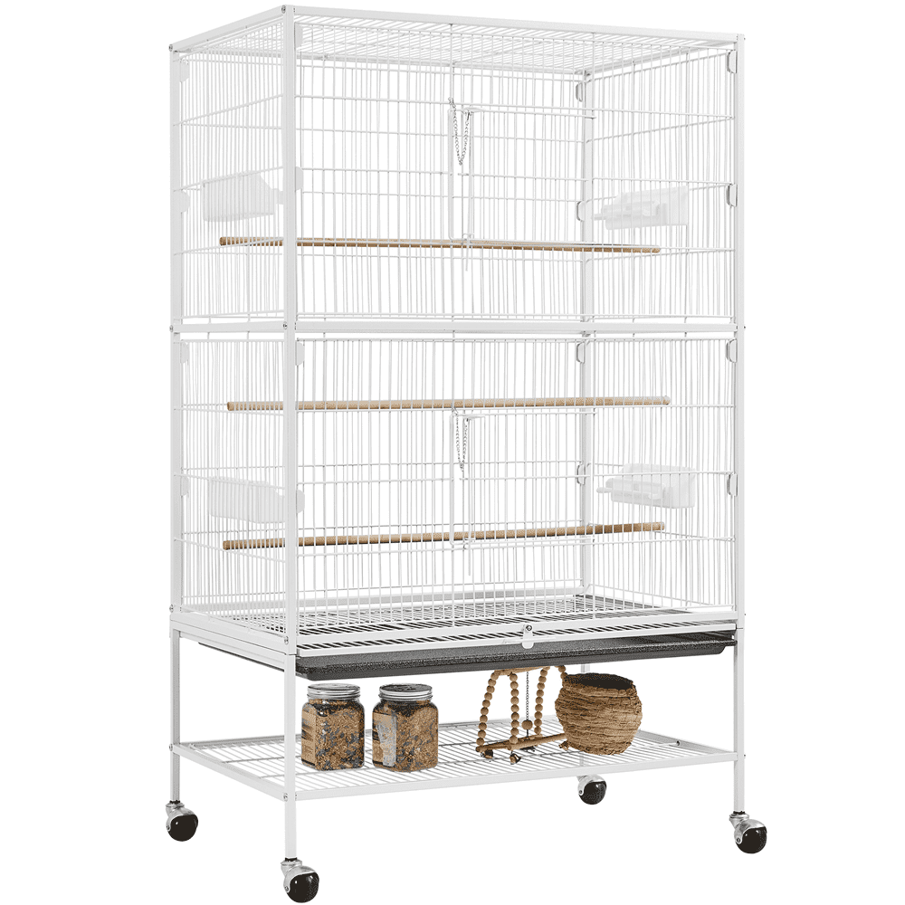 White 52'' Rolling Metal Bird Cage with Perches and Feeders