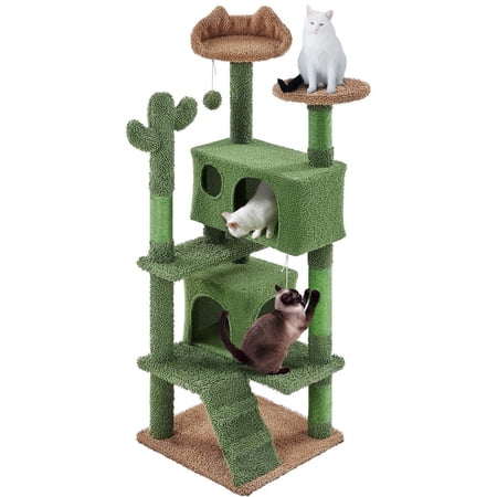 Yaheetech 54.3'' H Cactus Cat Tree Tower with 2 Condos & Perches, Green/Brown
