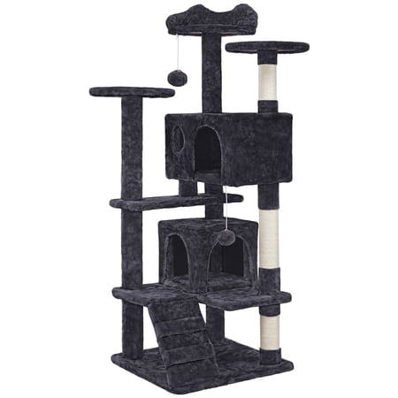 Yaheetech 53.9" H Cat Tree with Double Condos, Scratching Posts & Ramp, Black