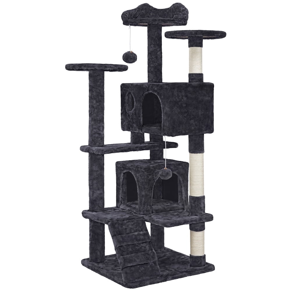 Yaheetech 53.9" H Cat Tree with Double Condos, Scratching Posts & Ramp, Black