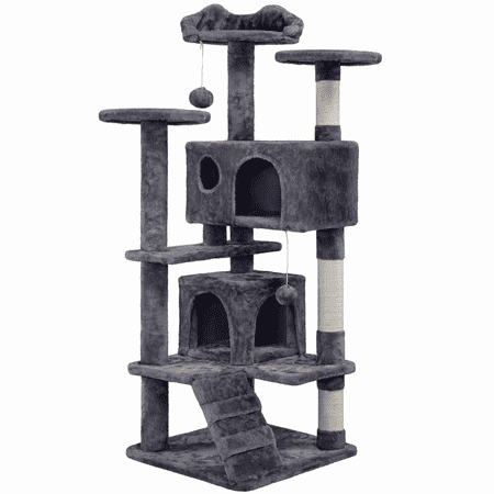 Yaheetech 53.9" H Cat Tree with Double Condos, Scratching Posts & Toys, Dark Gray