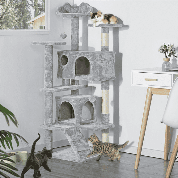 Yaheetech 53.9''H Cat Tree Condo with Scratching Post Tower, Light Gray