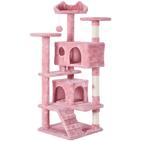 Yaheetech 54" H Cat Tree with Double Condos, Scratching Posts & Ramp, Pink