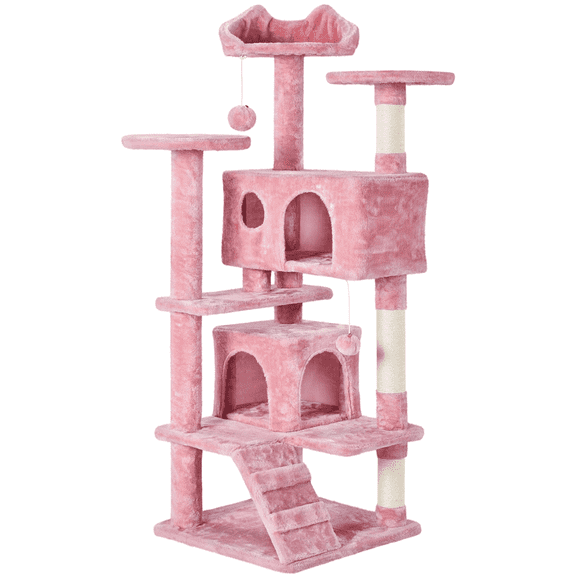 Yaheetech 54" H Cat Tree with Double Condos, Scratching Posts & Ramp, Pink