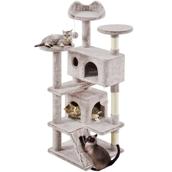Yaheetech 53.9" H Cat Tree with Double Condos, Scratching Posts & Ramp, Brown/White