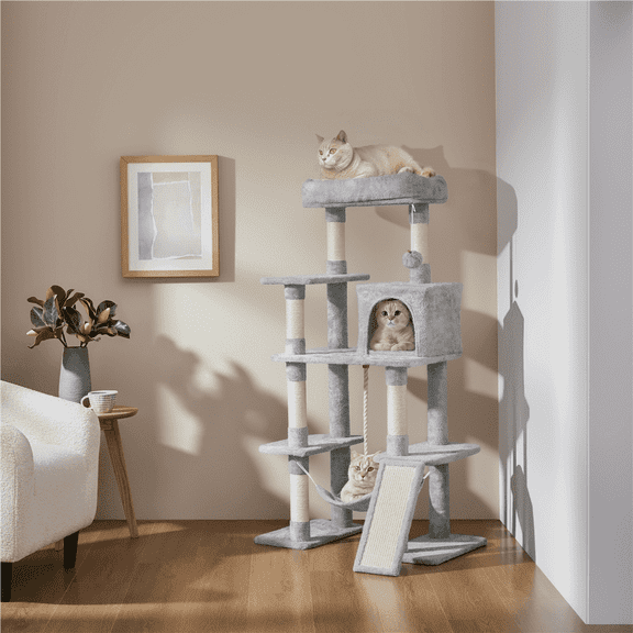 Yaheetech 54" Tall Multilevel Plush Cat Tree with Hammock Scratching Posts, Light Gray